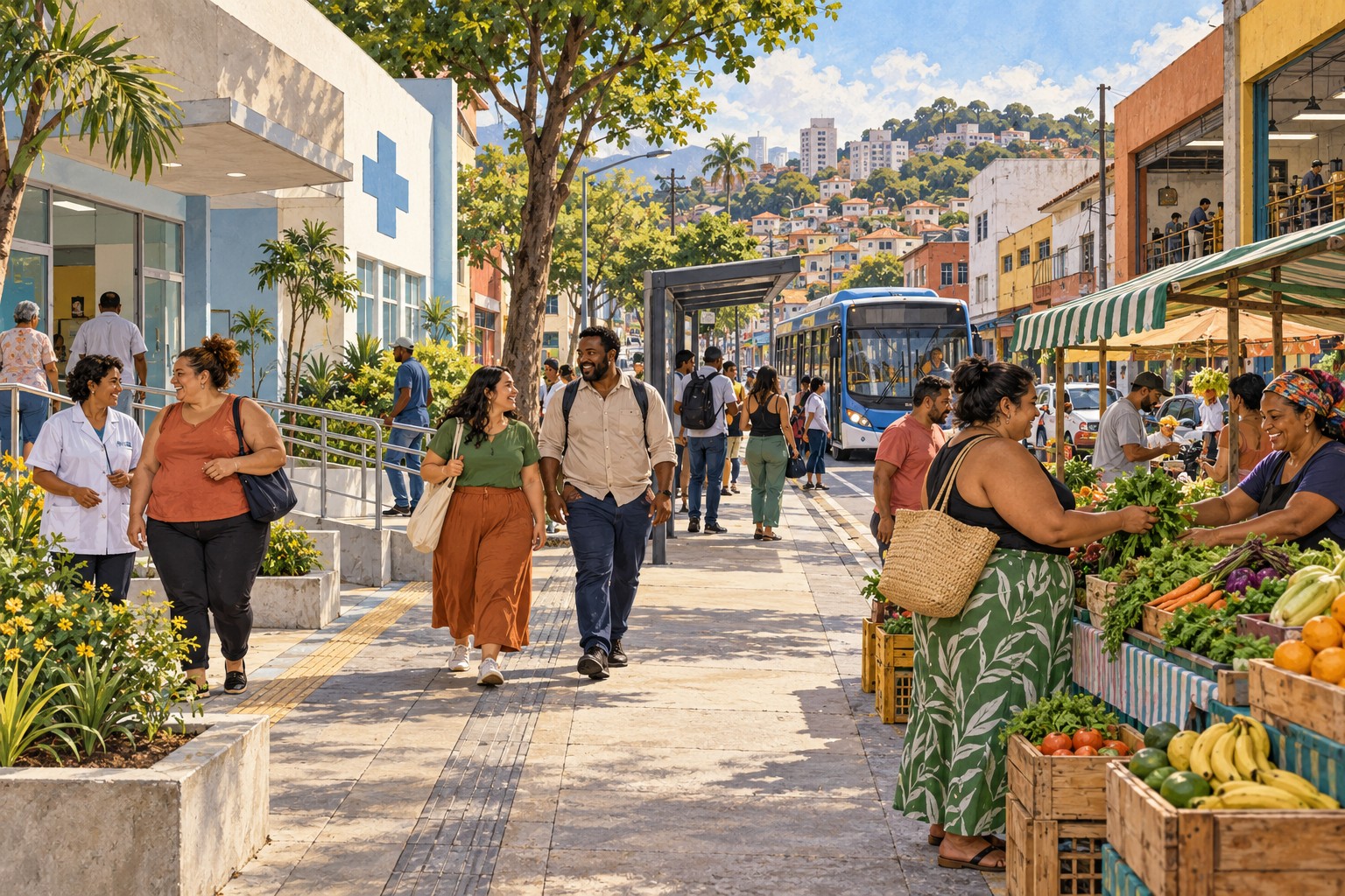 Ilustração de pessoas de diferentes corpos em um bairro brasileiro, entre unidade de saúde, feira de alimentos e transporte coletivo.