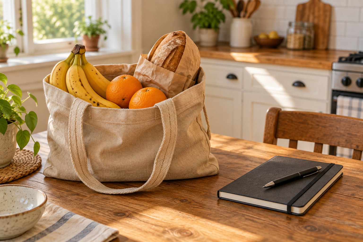 Sacola com alimentos sem marcas e caderno de orçamento sobre uma mesa de cozinha iluminada pelo sol.