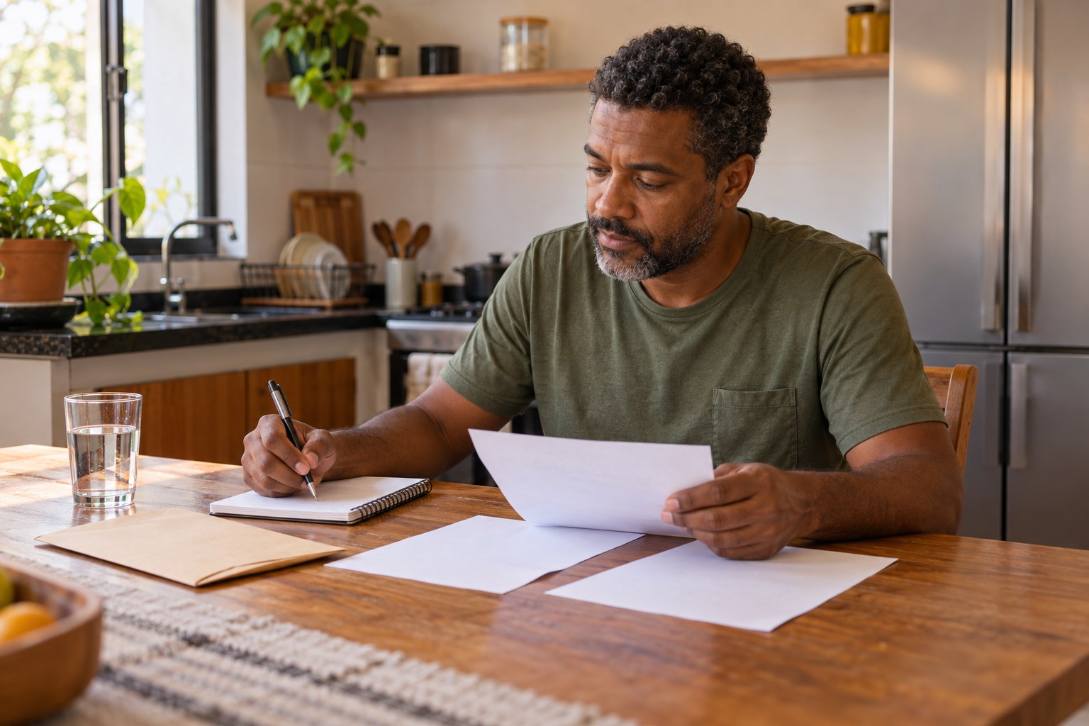 Homem sentado à mesa de casa, organizando papéis e anotando seu orçamento.