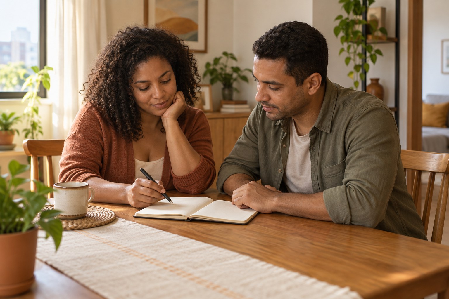 Mulher e homem organizando o planejamento financeiro com um caderno sobre uma mesa em casa.