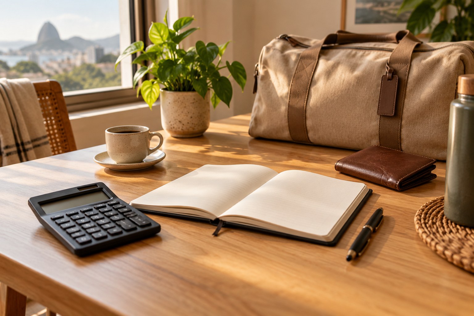 Mesa com bolsa de viagem, caderno aberto, calculadora e carteira, iluminada por uma janela.