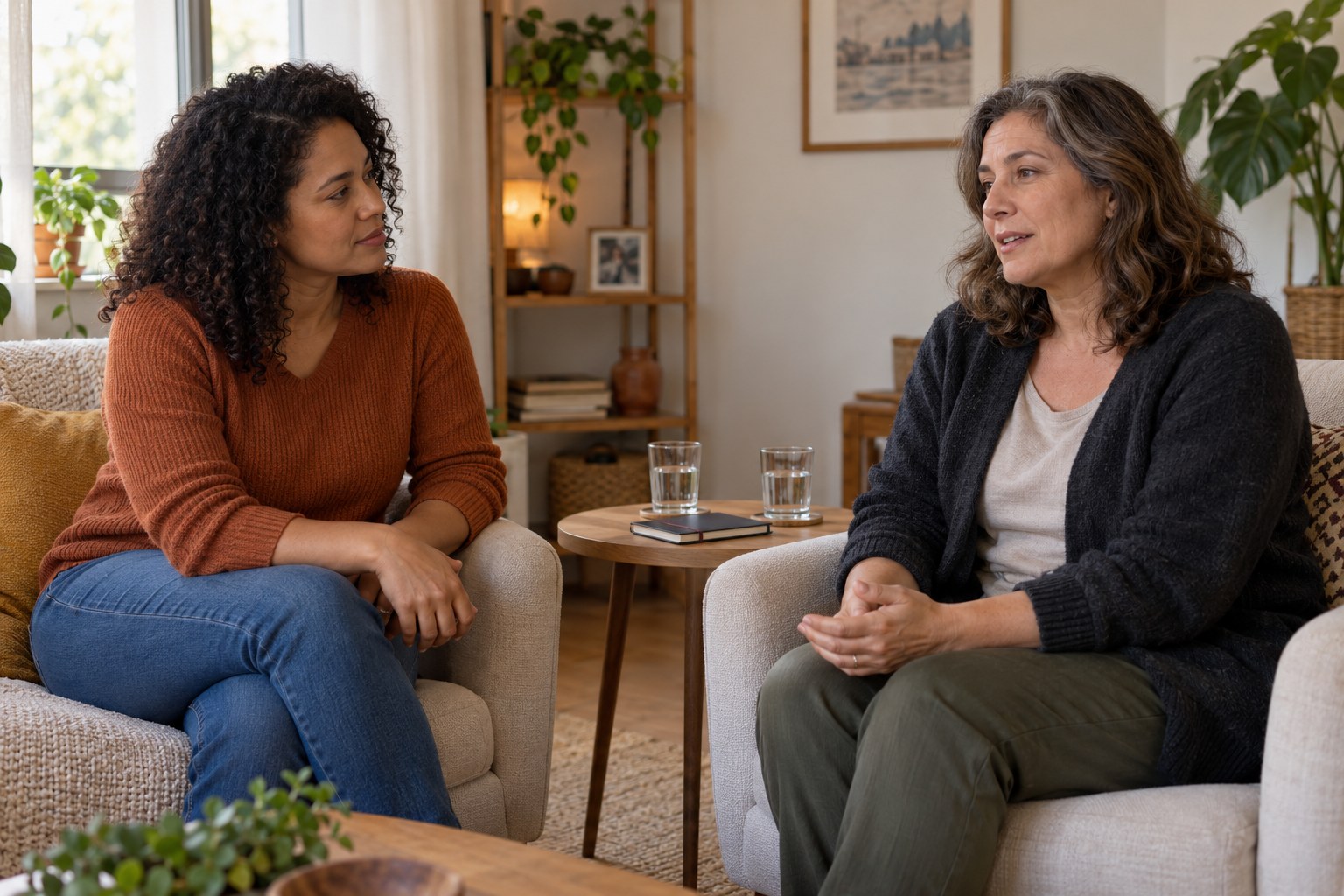 Duas mulheres adultas conversando com atenção em uma sala, com um caderno fechado sobre a mesa.